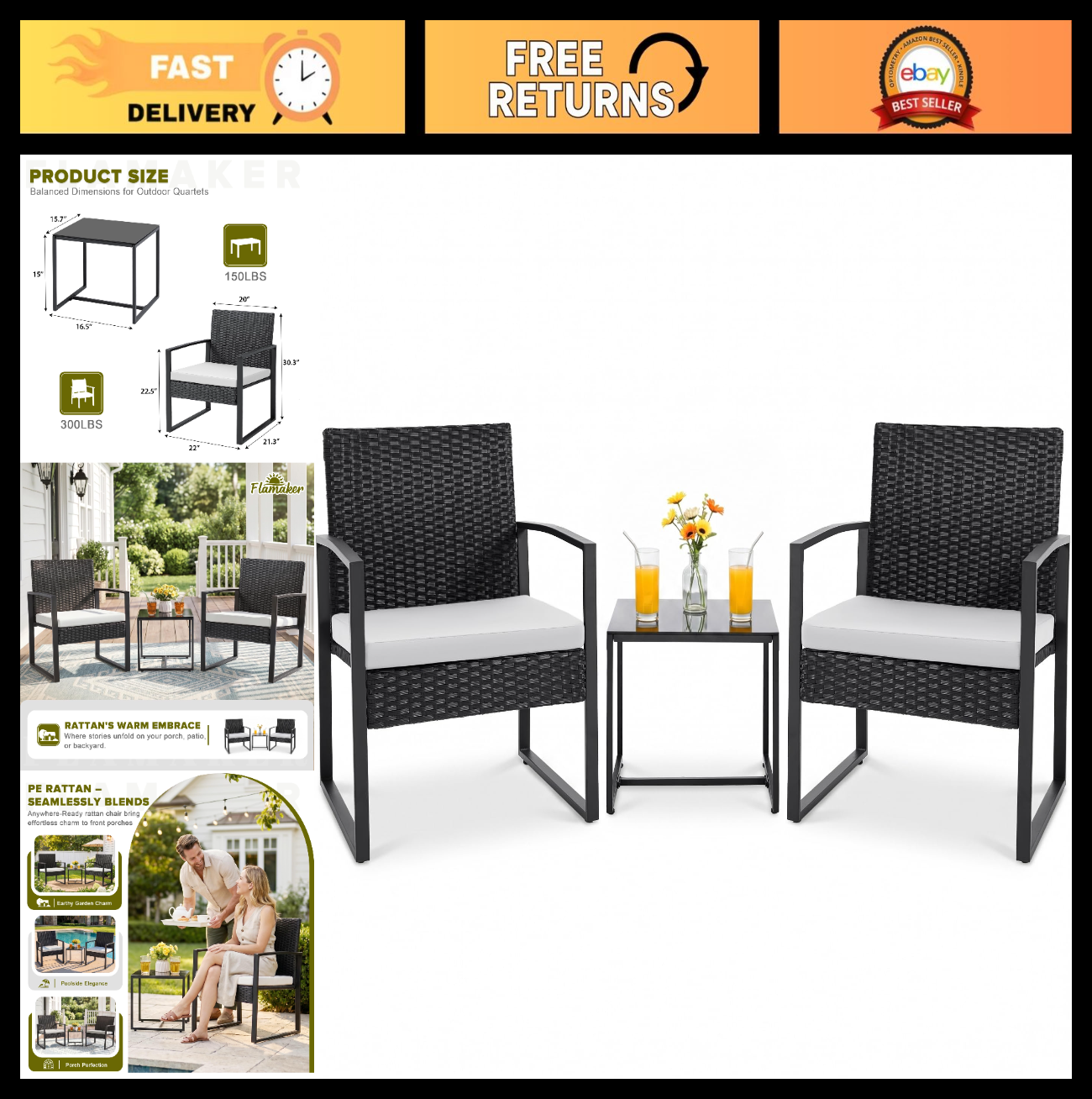 3 Piece Outdoor Wicker Patio Furniture Set | Modern Rattan Bistro Chairs & Table0