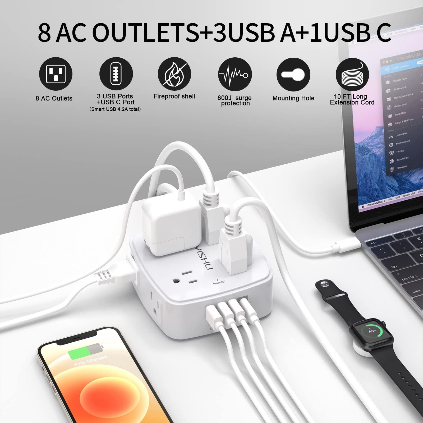 10ft Surge Protector Power Strip   8 AC Outlets & 4 USB Ports, Flat Plug, Wall M2
