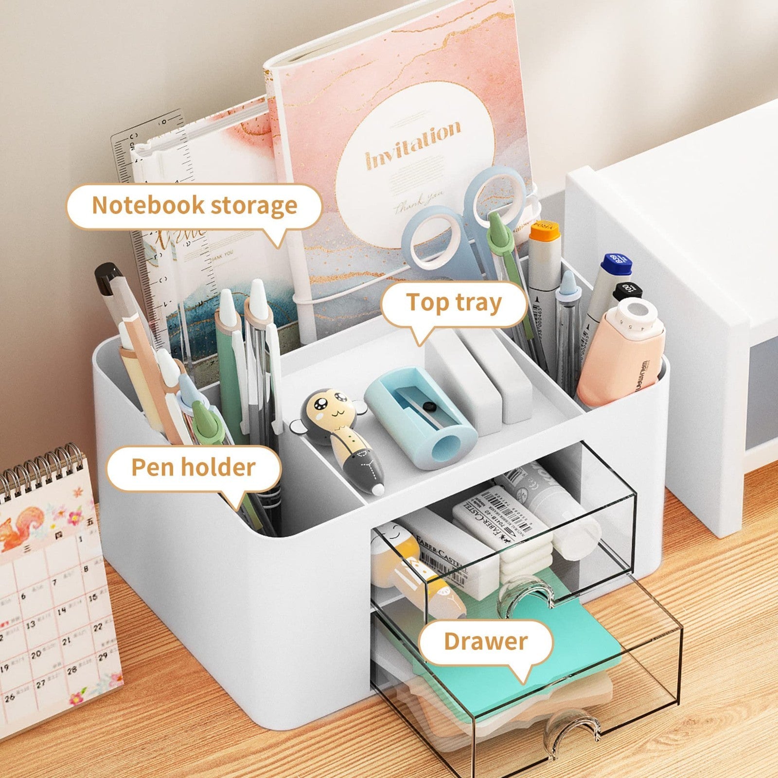 Multi Functional Desk Organizer with 2 Drawers, 5 Compartments for Art Supplies3