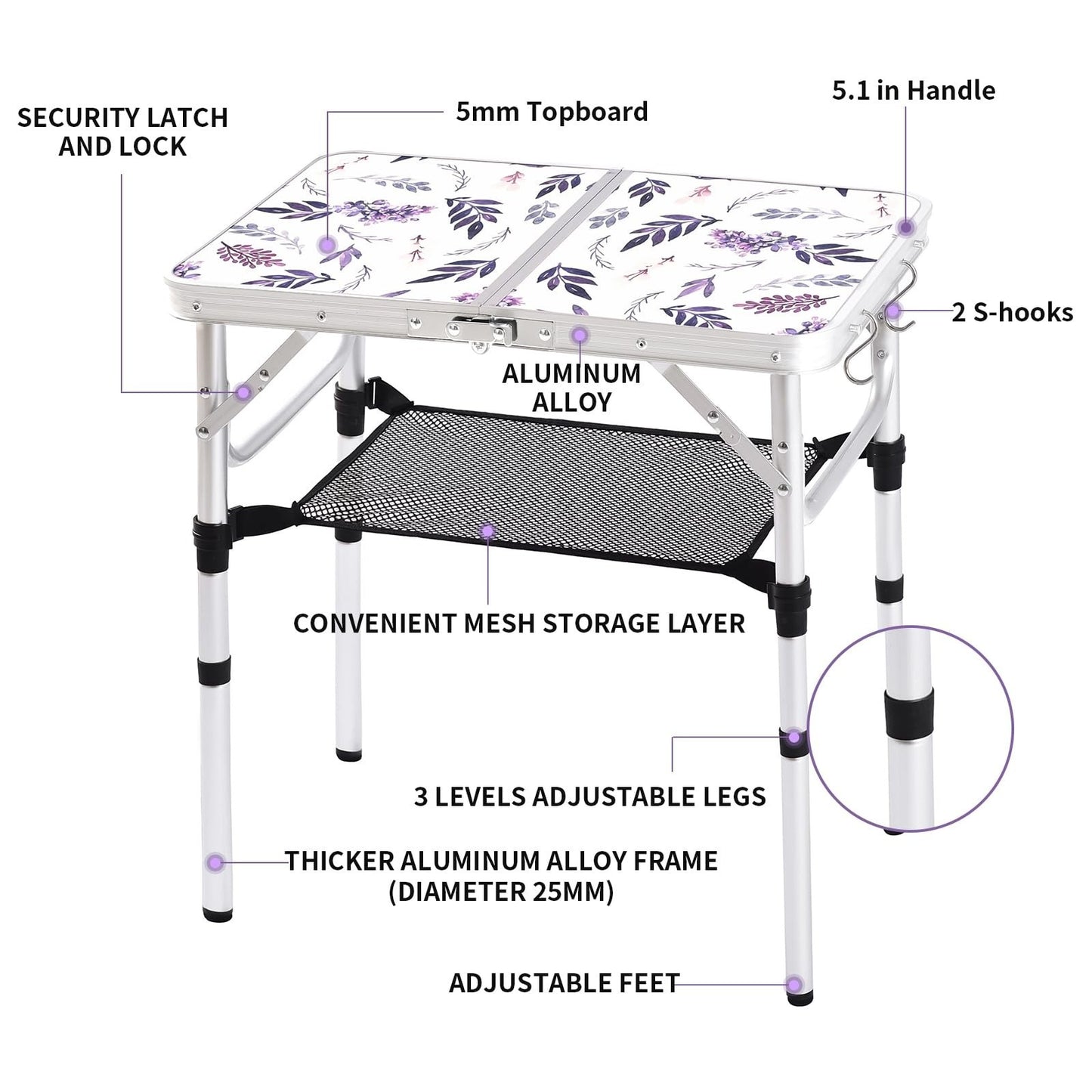 Portable Folding Camping Table - 2ft Adjustable Height Picnic Table, Lightweight3
