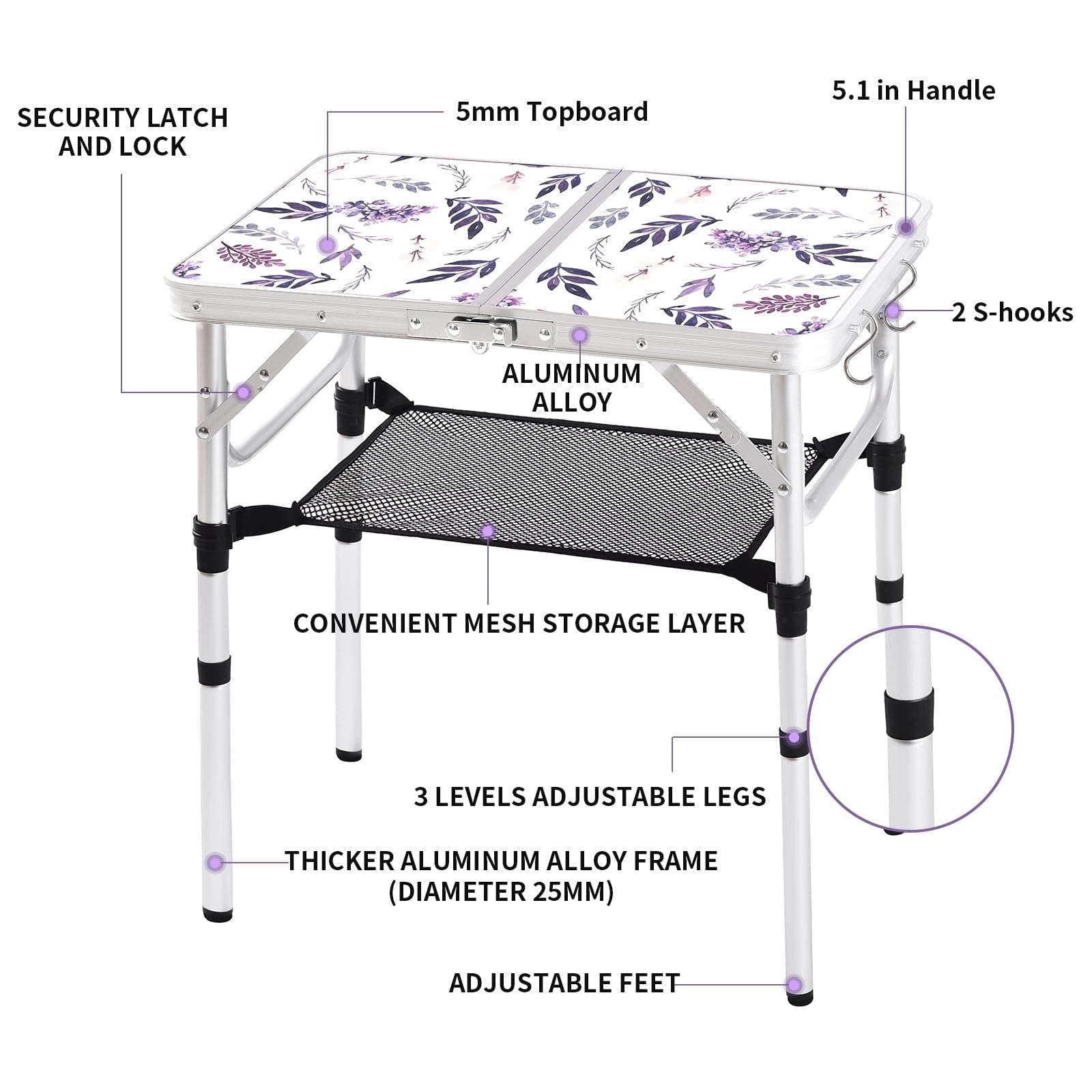 Portable Folding Camping Table - 2ft Adjustable Height Picnic Table, Lightweight3