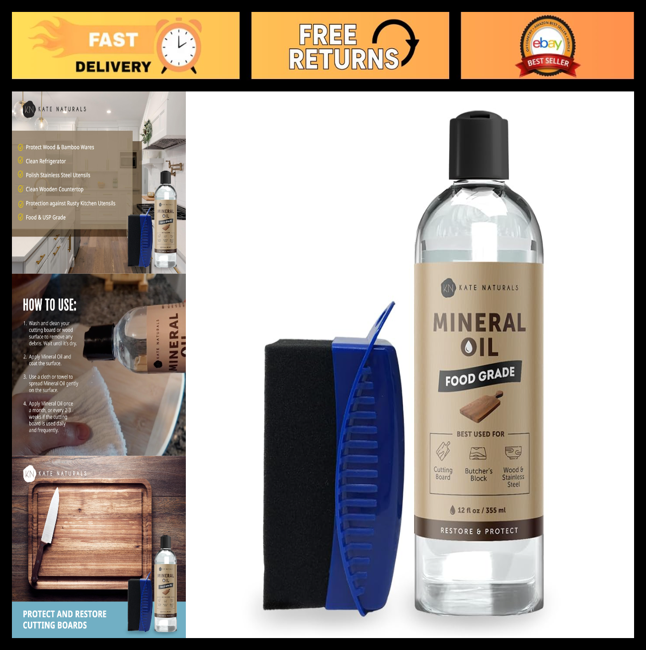 Food Grade Mineral Oil 12oz with Wax Applicator for Cutting Boards & Butcher Blo0