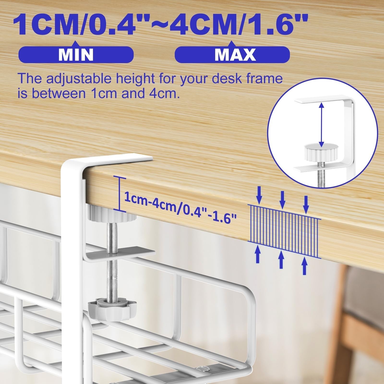 Under Desk Cable Management Tray   No Drill Steel Wire Organizer, 15.7" Clamp Mo4