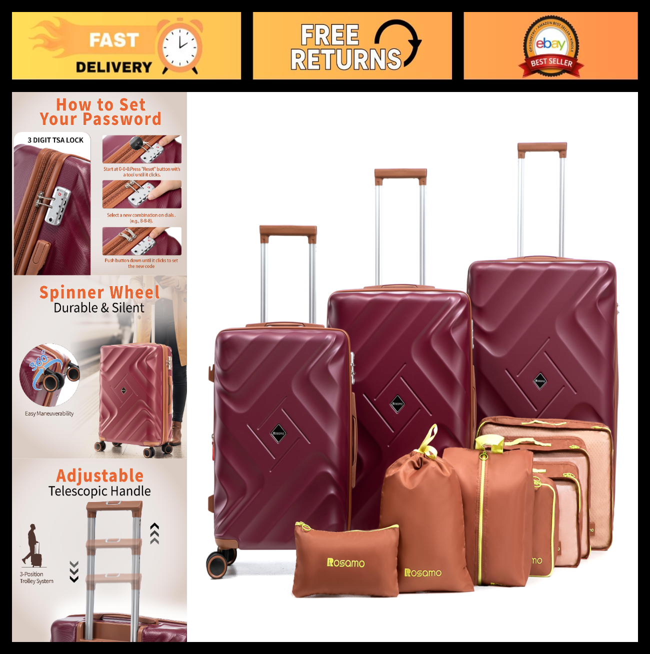 10-Piece Expandable Luggage Set, Airline Approved Carry-On, Hard Shell Suitcases0