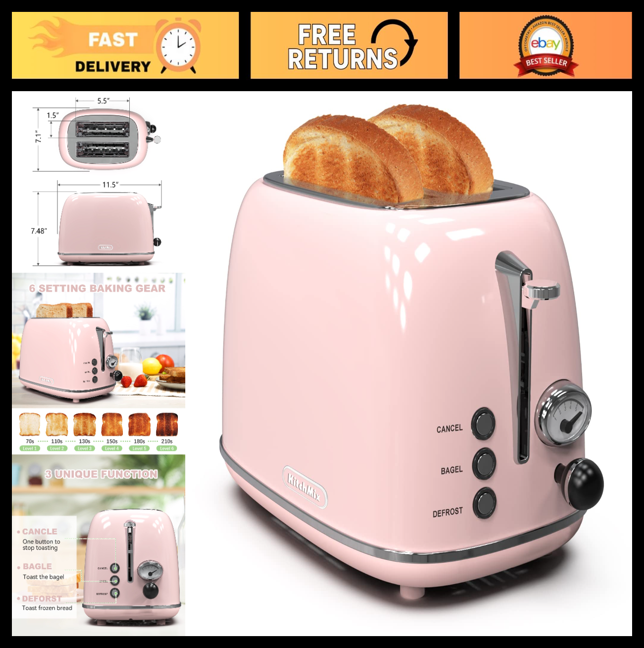 Retro 2 Slice Stainless Steel Toaster   6 Settings, Extra Wide Slots, Bagel/Defr0