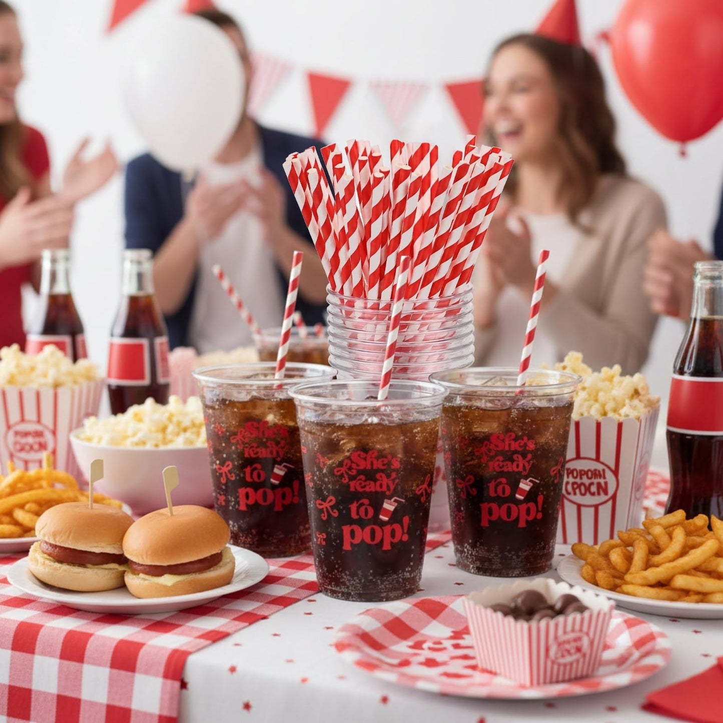 50 Set Disposable Cups with Lids & Straws - 12 oz Red Plastic for Parties, Baby2