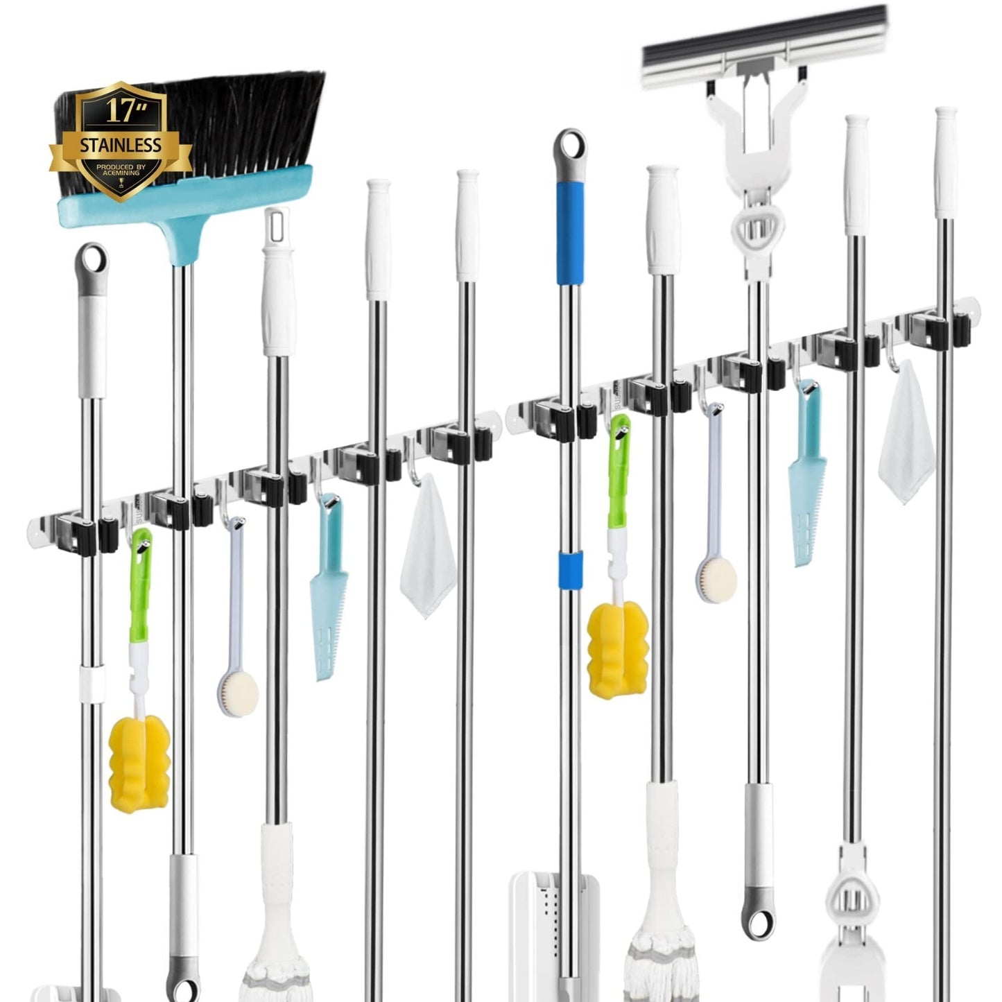2 Pack Wall Mount Broom Holder - 5 Racks & 4 Hooks Mop Organizer Storage Solutio1