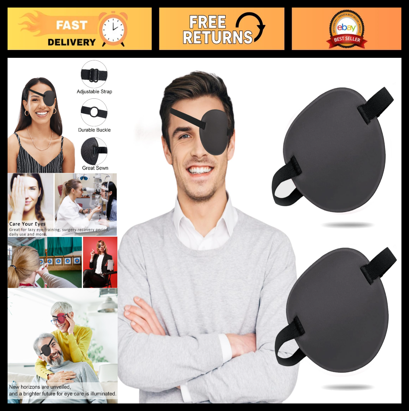 2PCS Adjustable Eye Patch for Adults & Kids, Soft Breathable Fabric, Vision Ther0