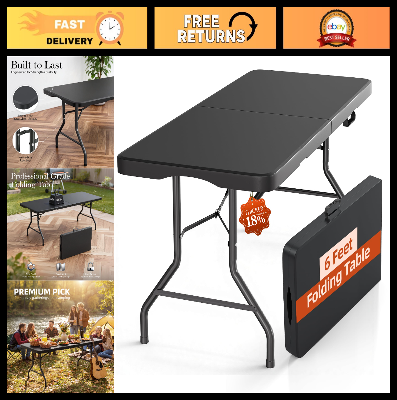 6FT Heavy Duty Folding Table with Carry Handle - Portable for Events, Picnics, C0