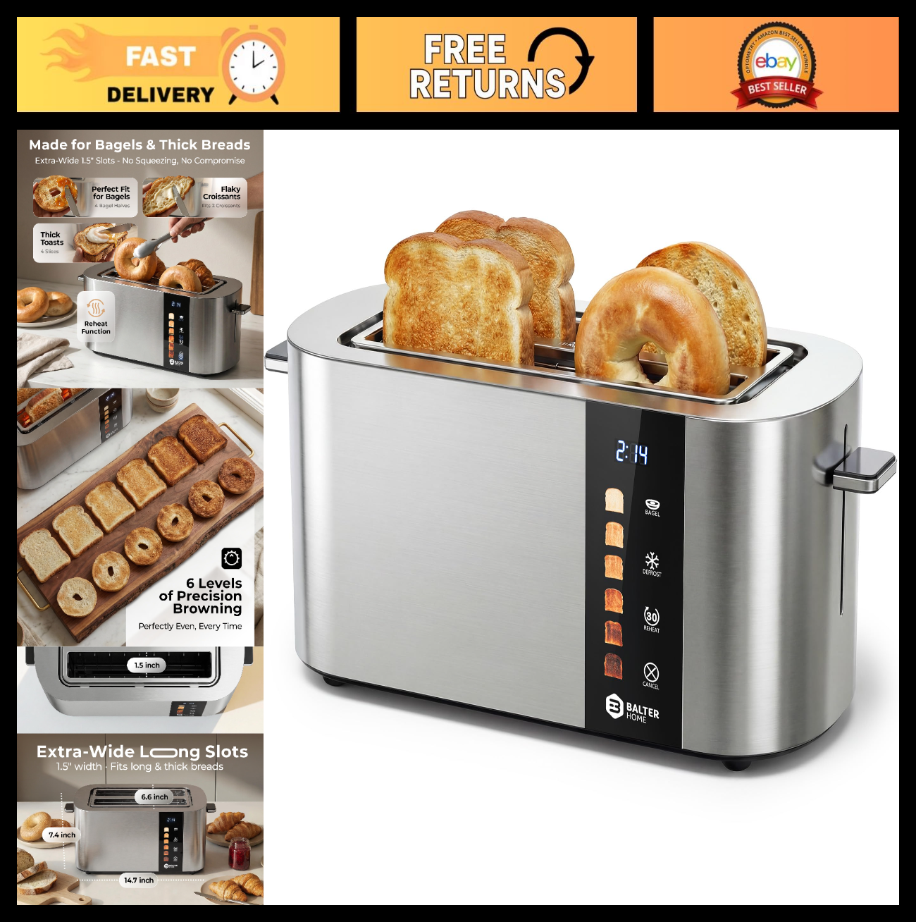 4 Slice Stainless Steel Toaster with Wide Slots, Bagel Function & Touch Screen0