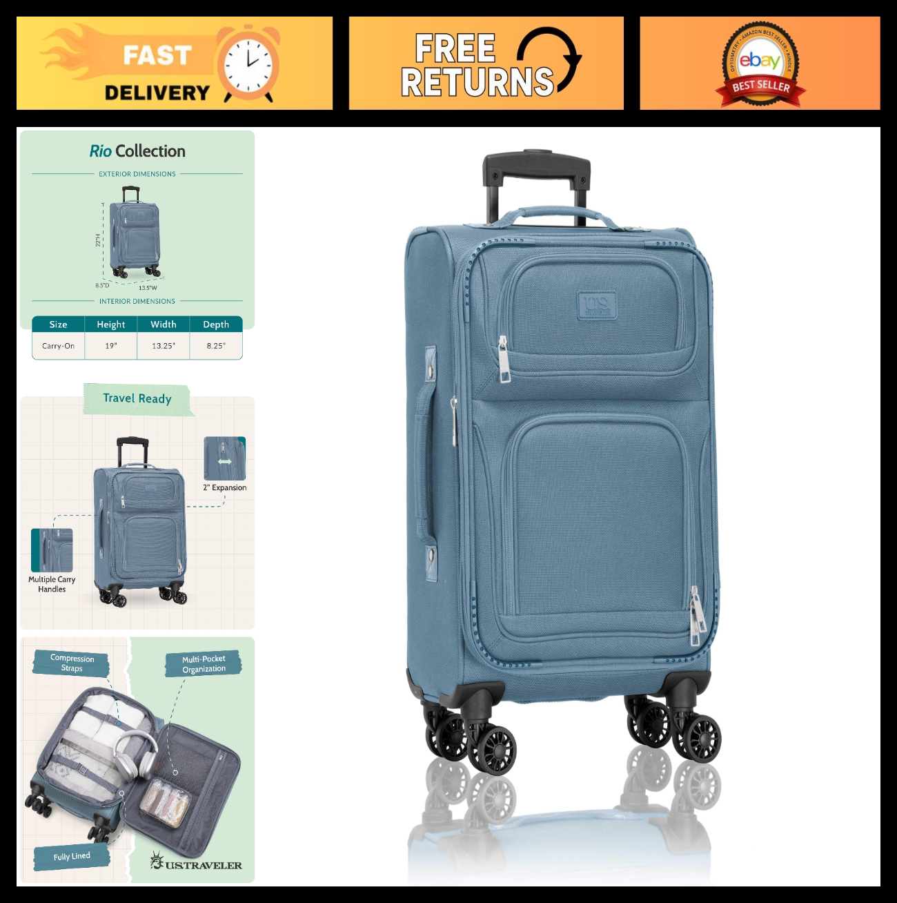 Lightweight Softside Rolling Carry-On Suitcase, 4-Wheel Travel Luggage, Light Bl0