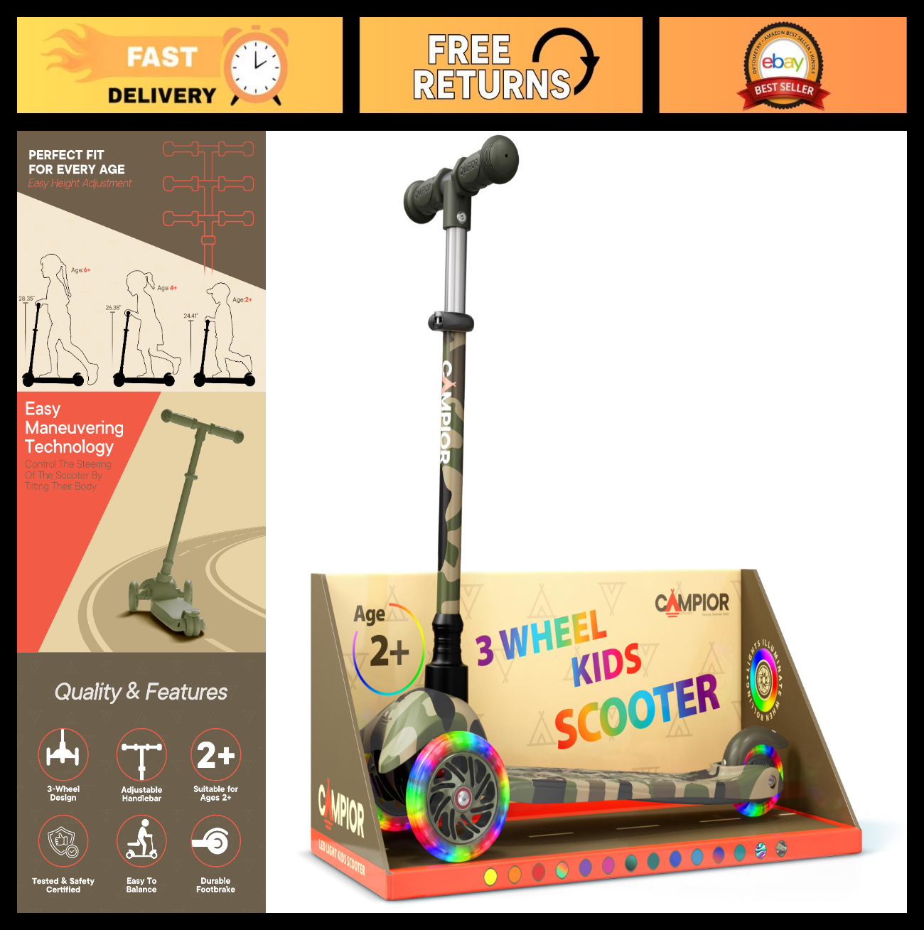 Camo Mini 3-Wheel Kids Scooter - LED Light-Up Wheels, Adjustable Handlebar, Anti0