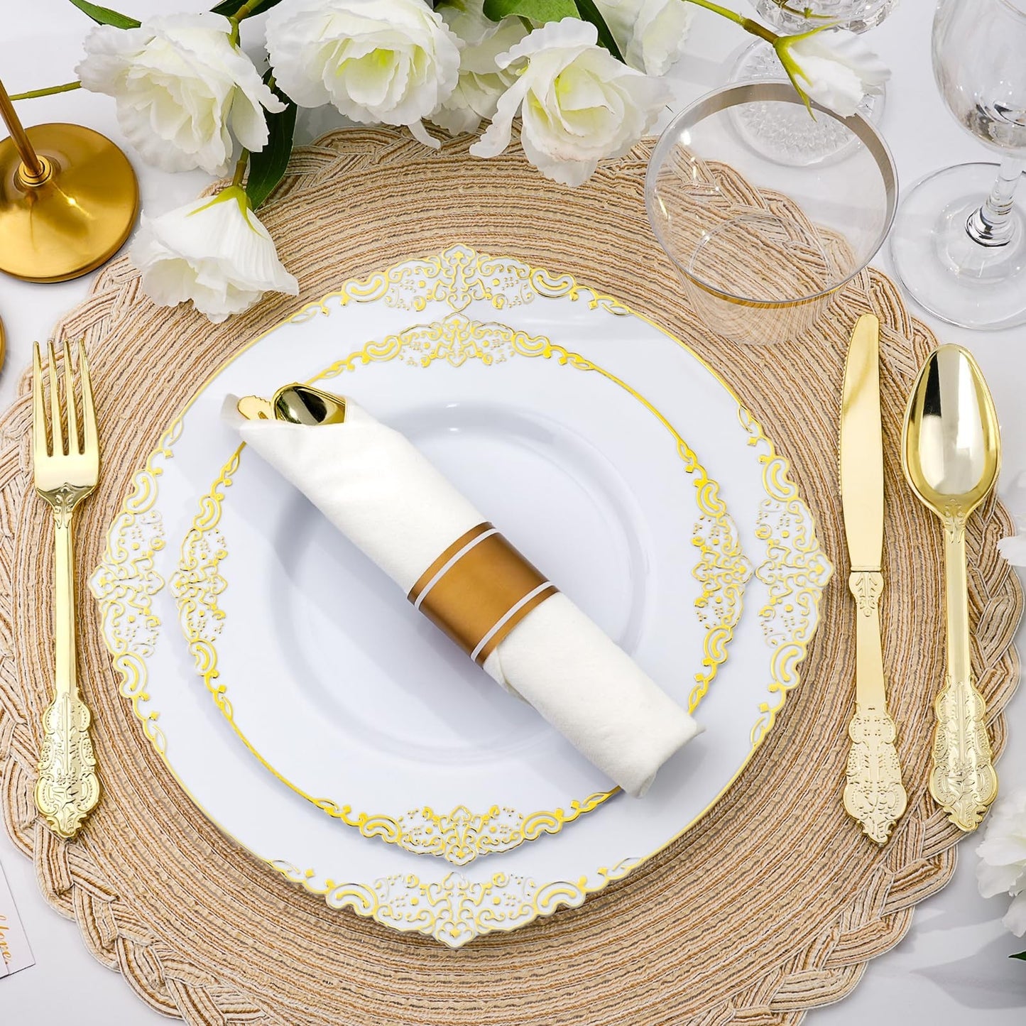 350-Piece White & Gold Disposable Dinnerware Set for 50 Guests | Plates, Silverw5