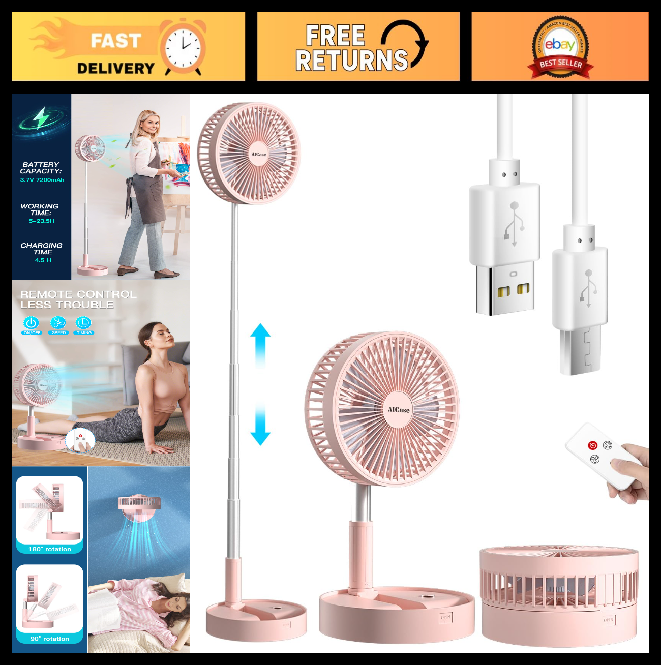 Portable Folding Stand Fan, USB Rechargeable 7200mAh, 4 Speed Adjustable Height,0