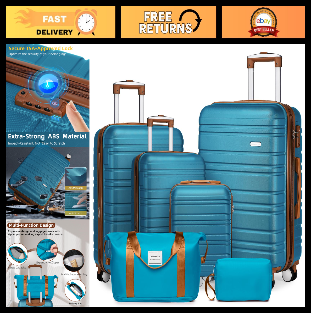Expandable 6-Piece Luggage Set with 360° Wheels, TSA Lock, Lightweight Hardshell0