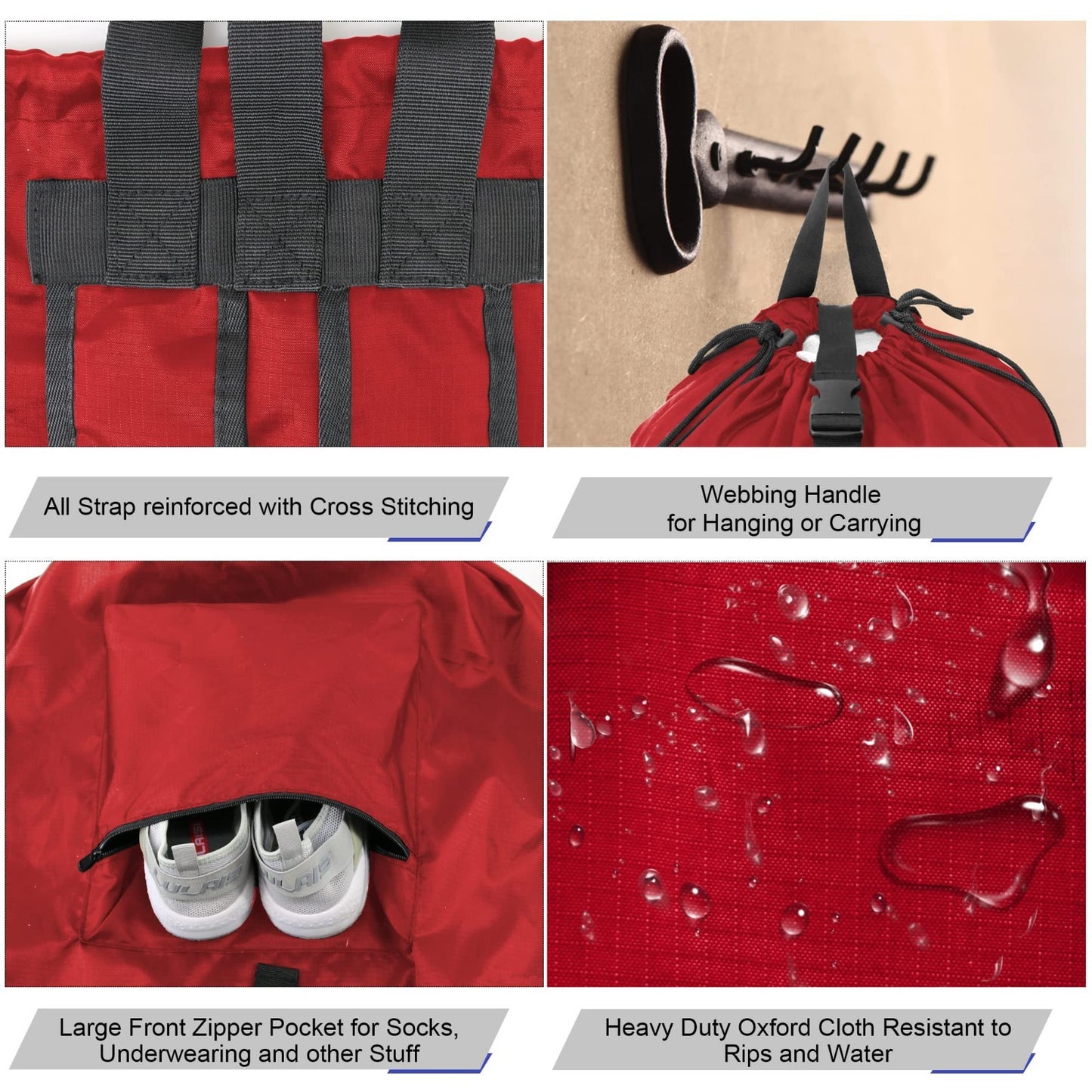 Extra Large Red Drawstring Laundry Backpack - Heavy Duty Portable Travel Bag for4
