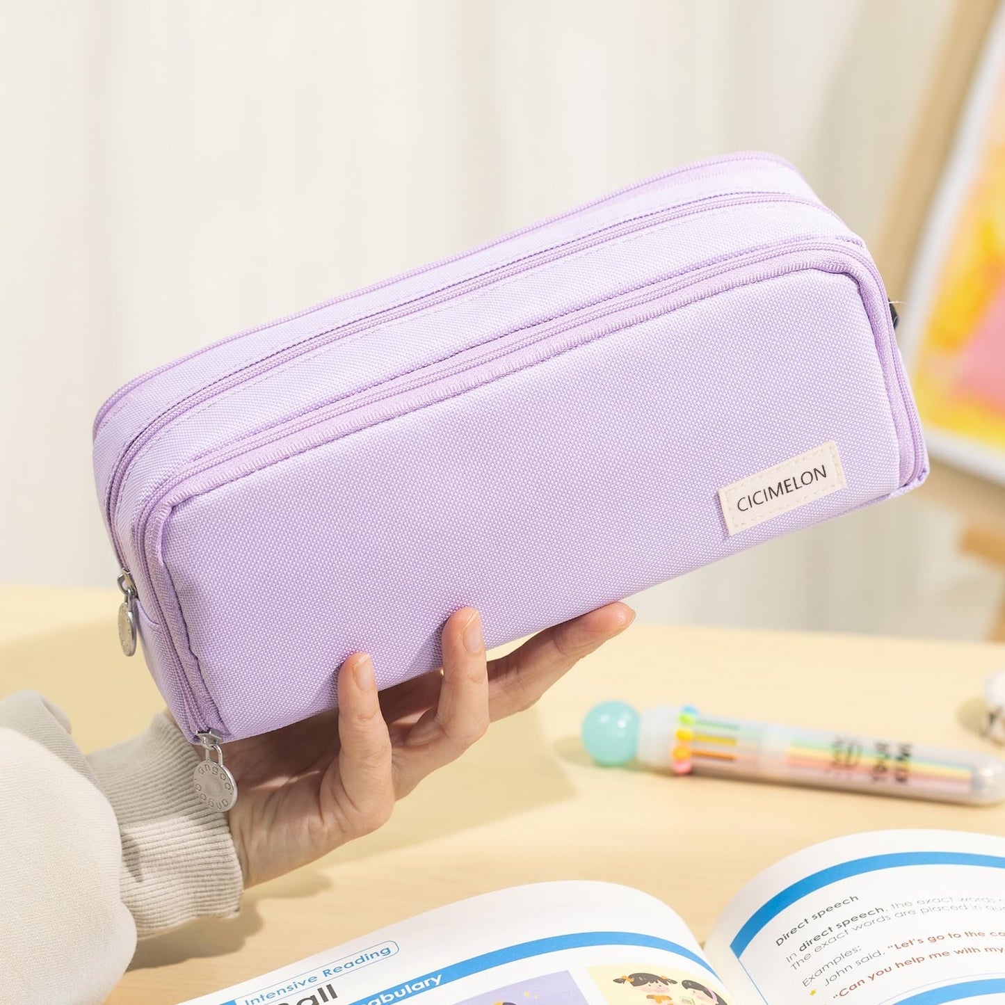 Large Capacity 3 Compartment Pencil Case Pouch Bag for School & Office   Purple1