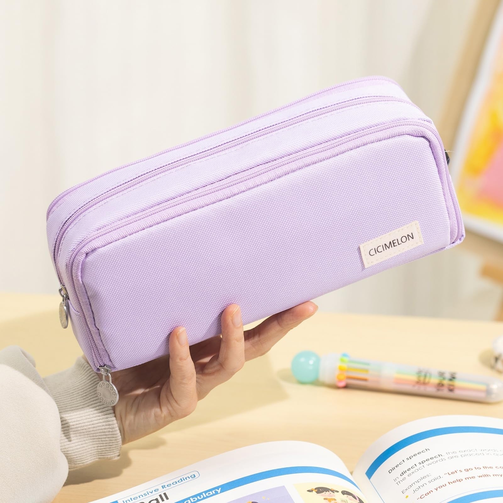 Large Capacity 3 Compartment Pencil Case Pouch Bag for School & Office   Purple1