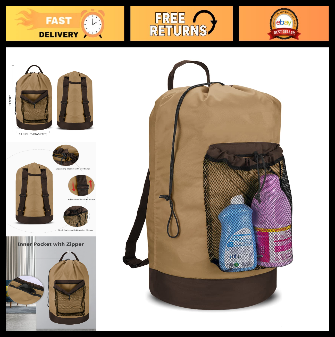 Optimized eBay Title:  "Durable Laundry Backpack with Shoulder Straps & Mesh Po0