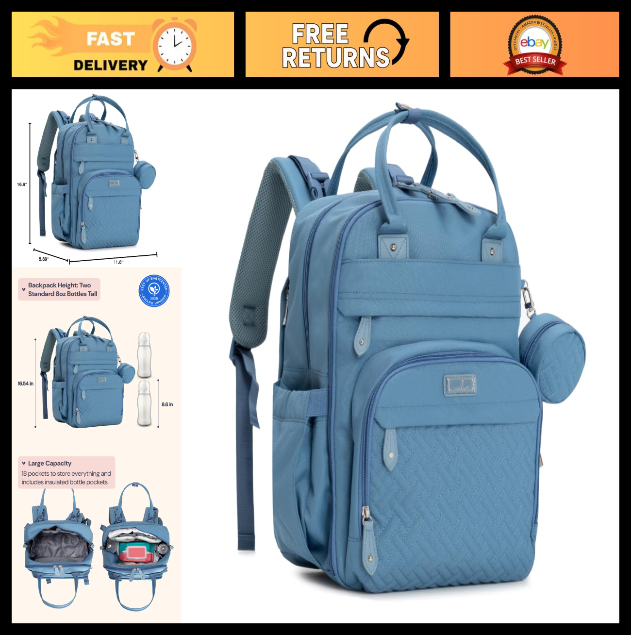 Multi Function Water Resistant Diaper Bag Backpack   Baby Travel Tote, Changing0