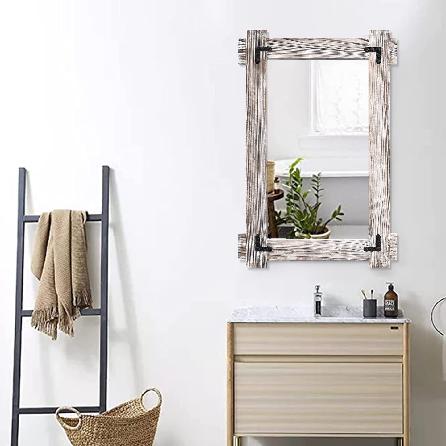 30x20 Inch White Farmhouse Wall Mirror - Distressed Wood Framed Vanity Decor3