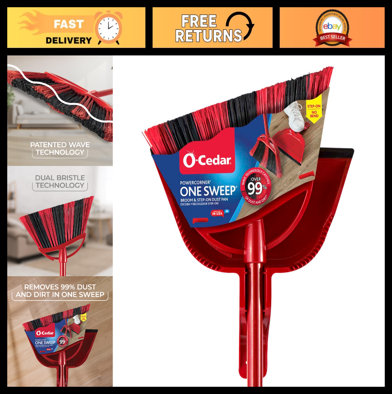 Sweep Broom & Step-On Dustpan Set | Wave Bristles for 99% Dirt Removal | Lightwe0