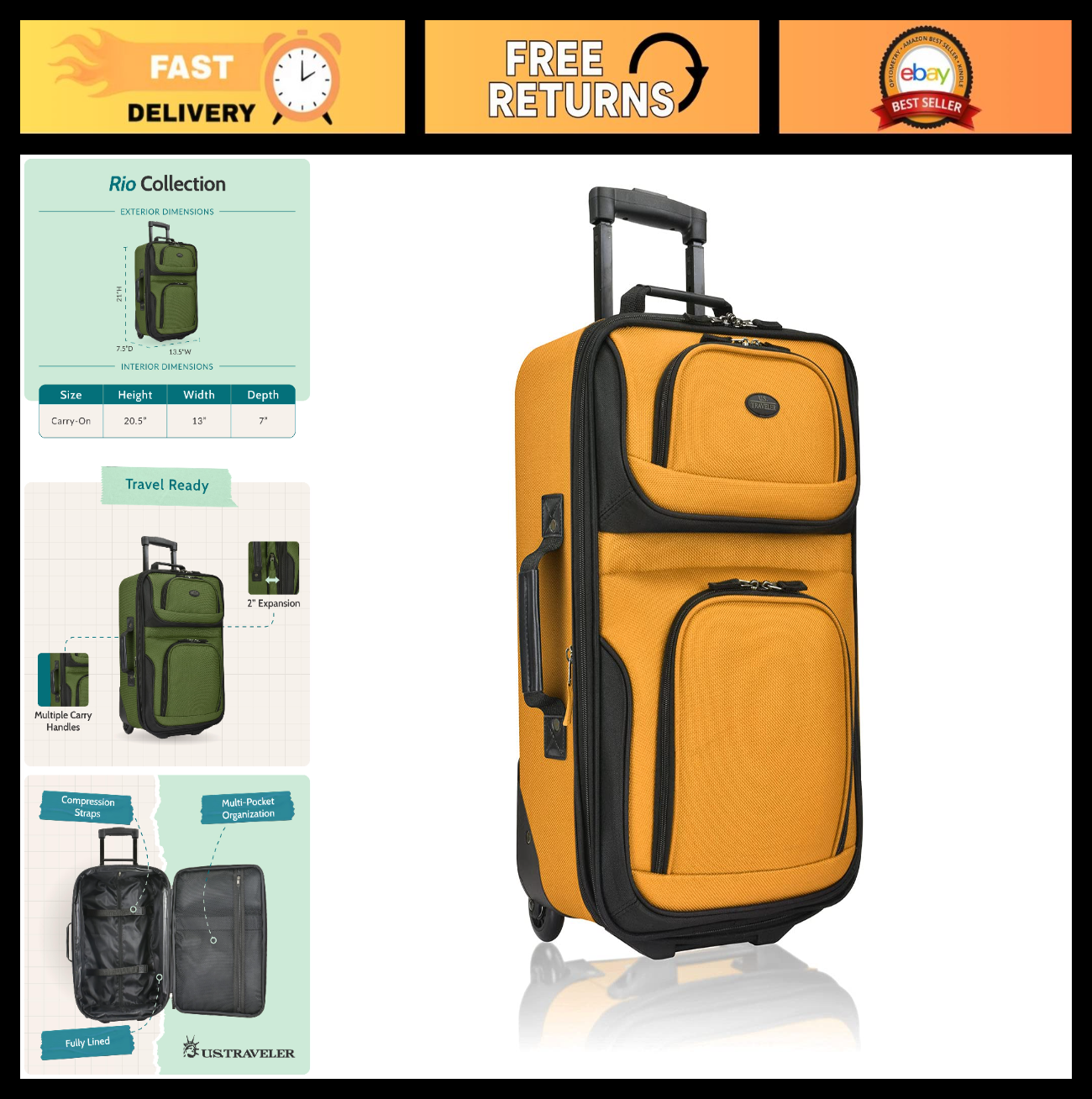 Lightweight Softside Rolling Carry-on Suitcase, 2-Wheel Travel Luggage, Orange0