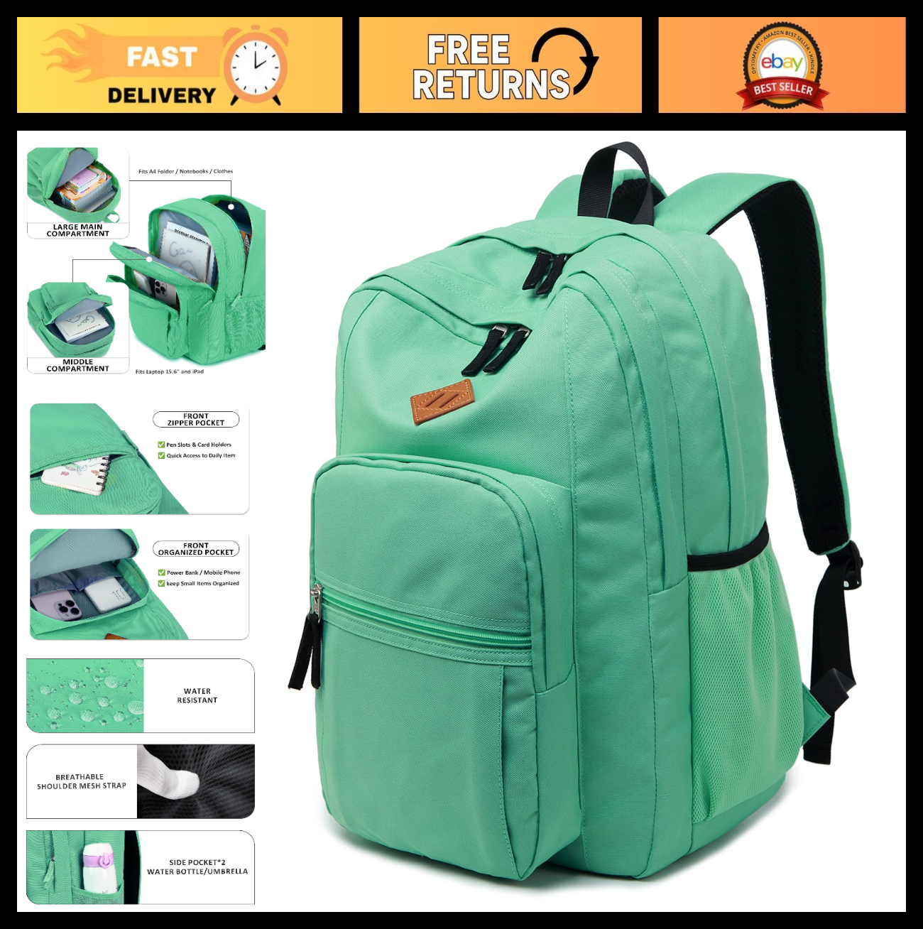 Water Resistant Travel Backpack for Women & Men   College Bookbag, Turquoise0