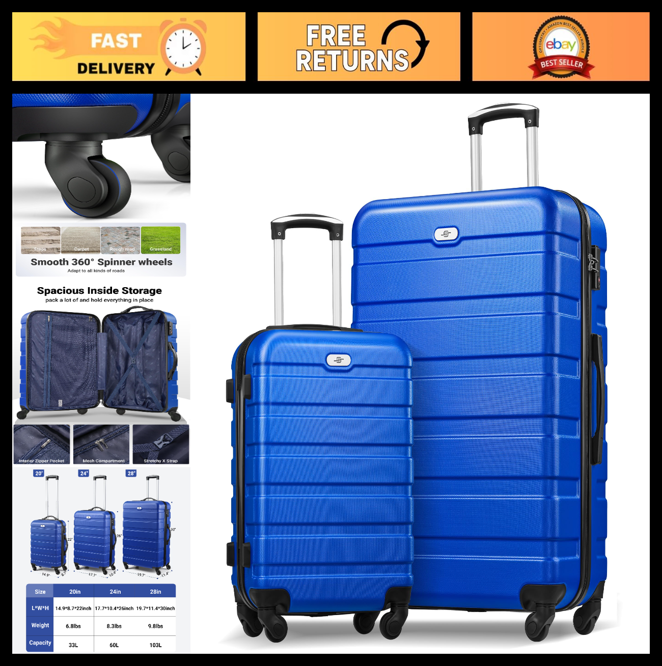 2-Piece Hard Shell Luggage Set with Spinner Wheels, TSA Lock, 20" & 28" Carry-On0