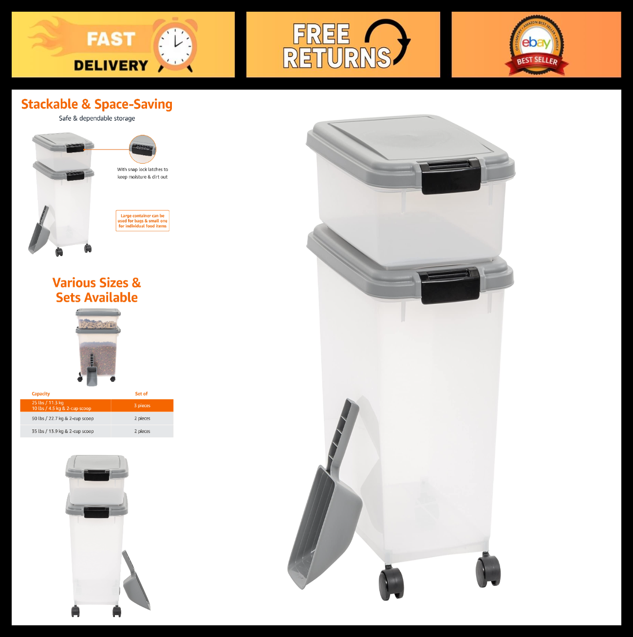 Airtight Pet Food Storage Containers Combo - 3-Piece Set, BPA Free, Wheels, 33QT0
