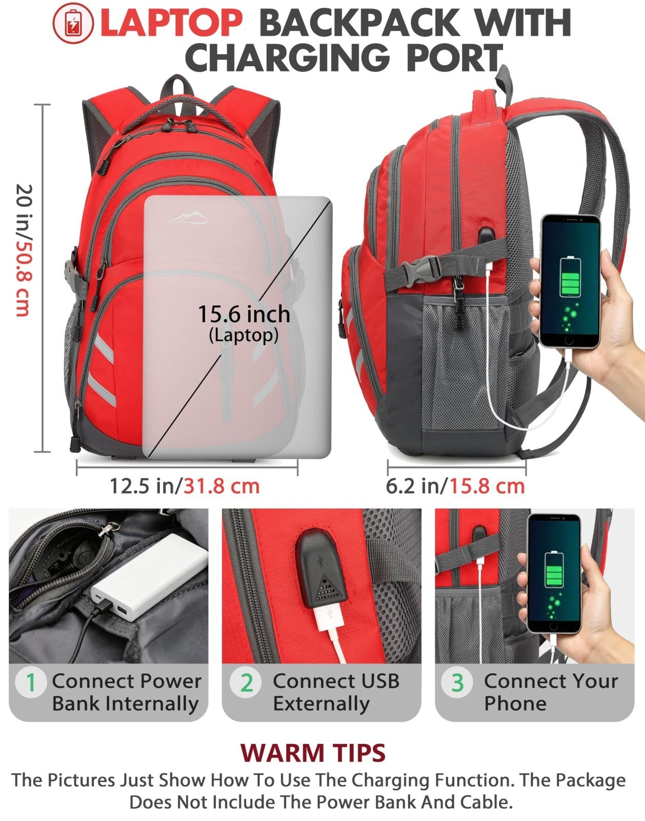 College Laptop Backpack with USB Charging Port, Anti Theft, Fits 15.6"   Red3