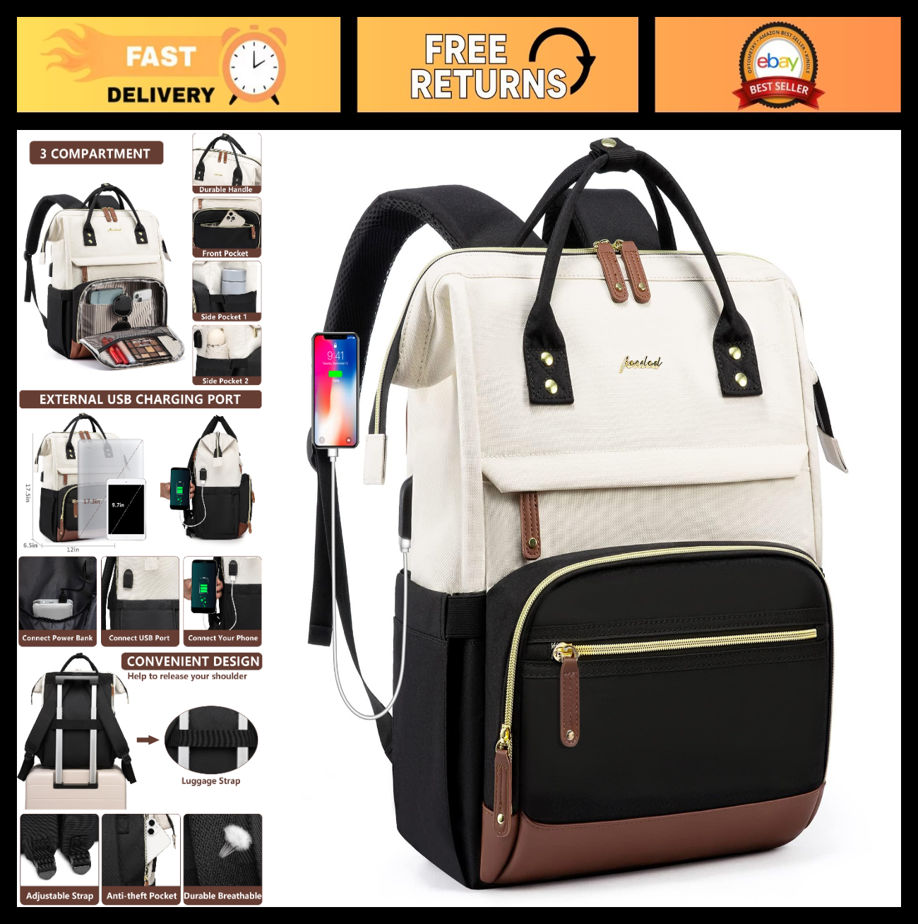 Large Capacity Laptop Backpack for Women, 17" USB Port Casual Travel Bag, Waterp0