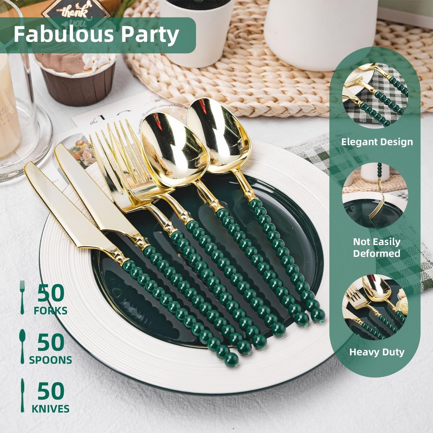 150 Pcs Gold Plastic Cutlery Set | Fancy Disposable Utensils with Green Beads, 53