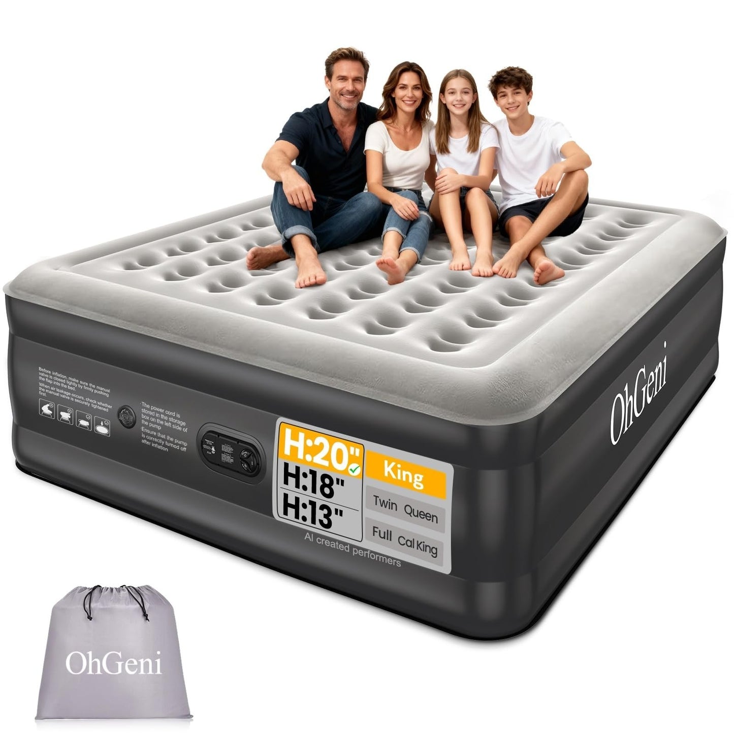 20" Raised King Size Air Mattress with Built in Pump, 1000lb Capacity, Flocked T1