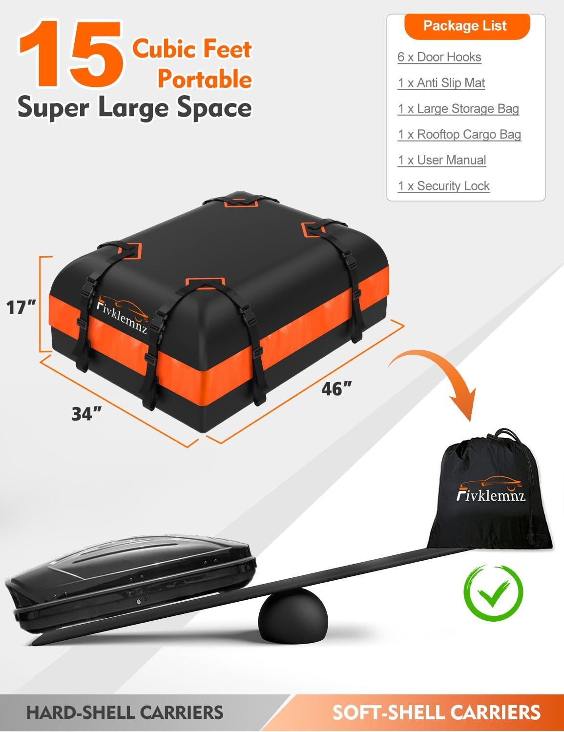 Waterproof Rooftop Cargo Carrier Bag for All Vehicles, Anti-Slip Mat & Straps, 64