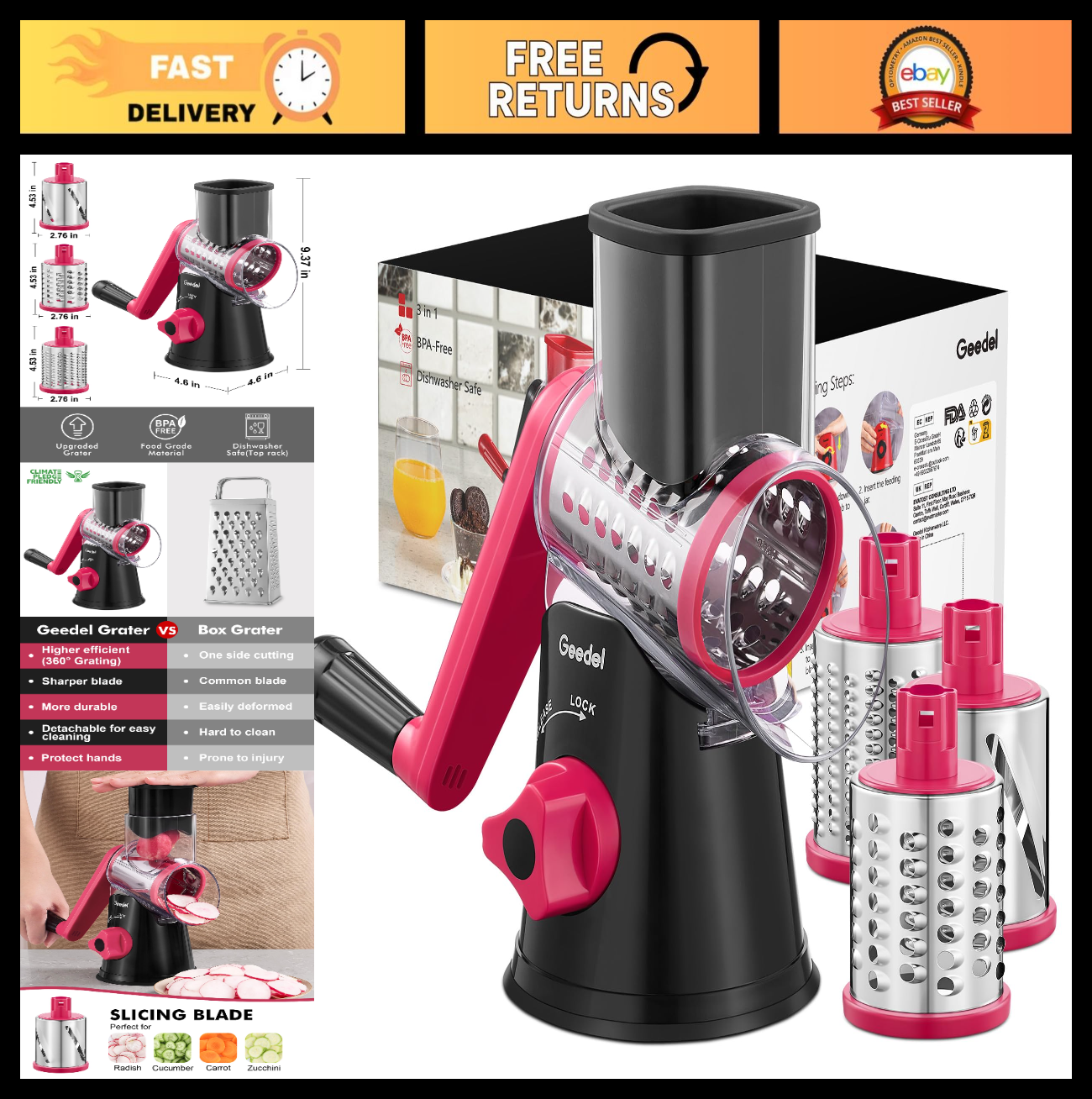 Hand Crank Rotary Cheese Grater & Vegetable Slicer   3 Blades, Stainless Steel,0