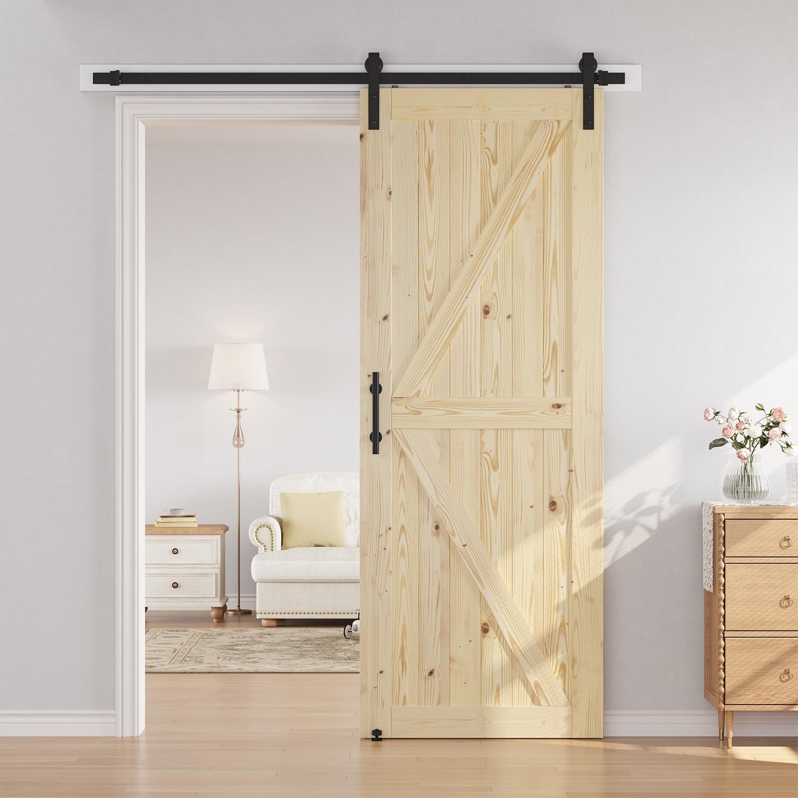 36"x96" Unfinished Solid Spruce Sliding Barn Door Kit with 6.6ft Hardware, DIY A2
