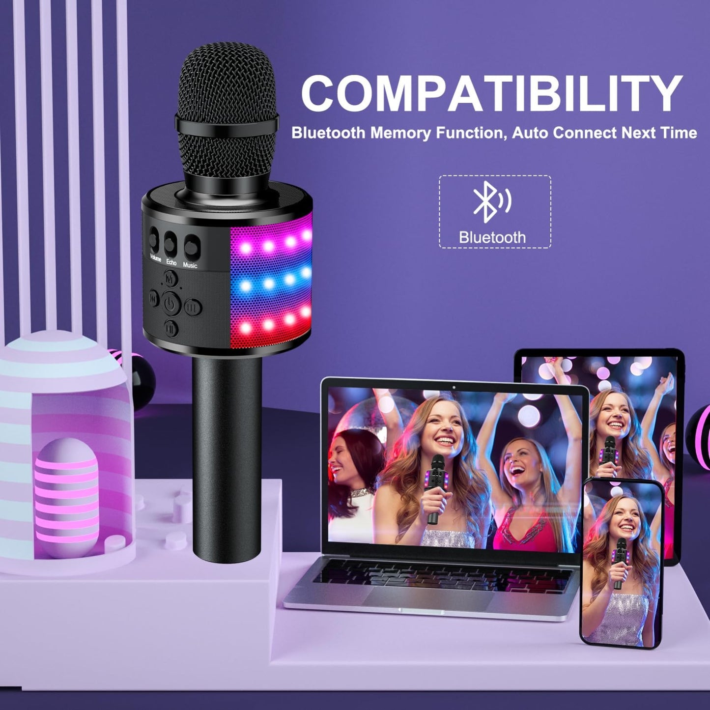 Wireless Karaoke Microphone for Kids & Adults   Bluetooth Mic with Disco Lights,3