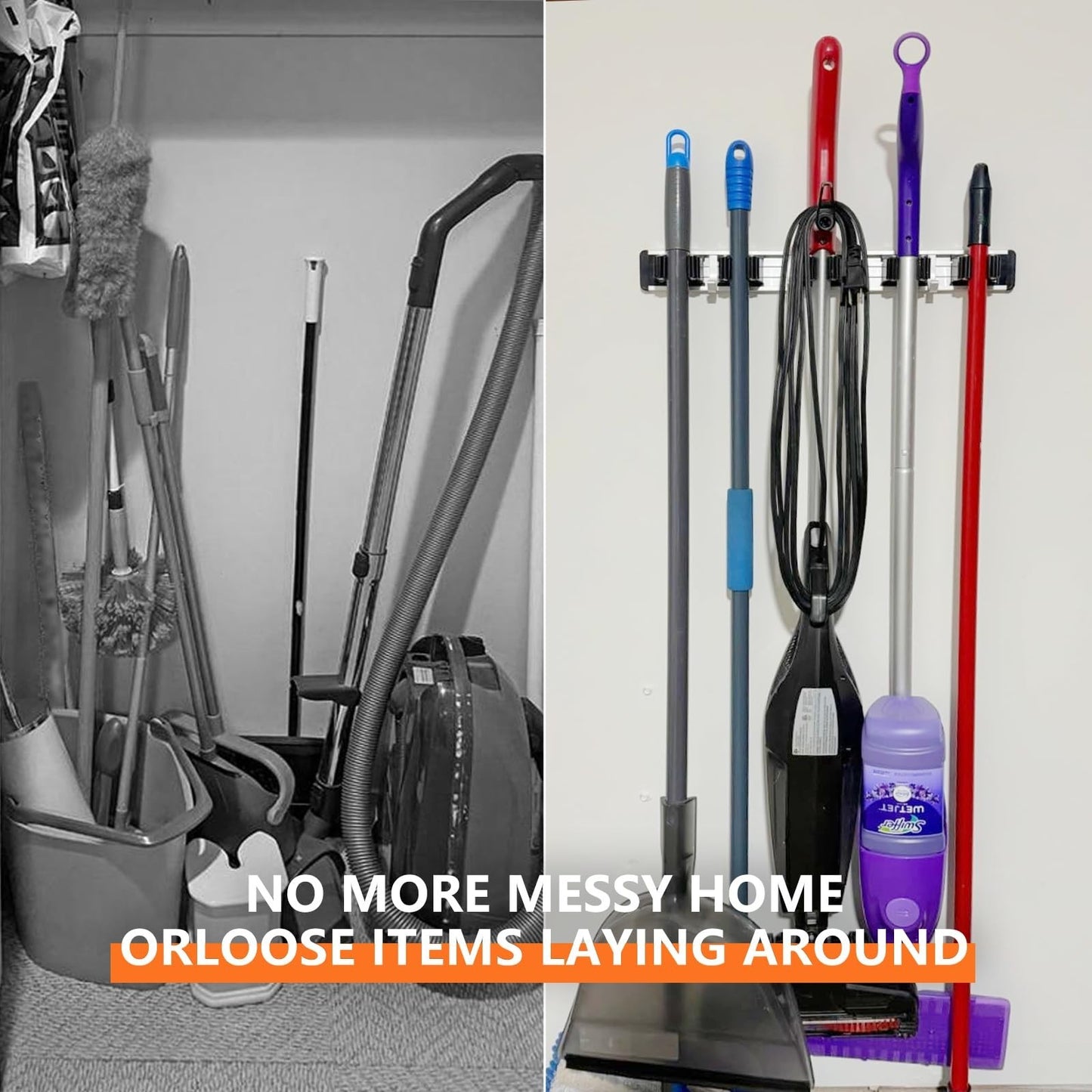Wall Mount Broom Holder & Mop Hanger Organizer - 4 Racks & 5 Hooks Storage Solut4