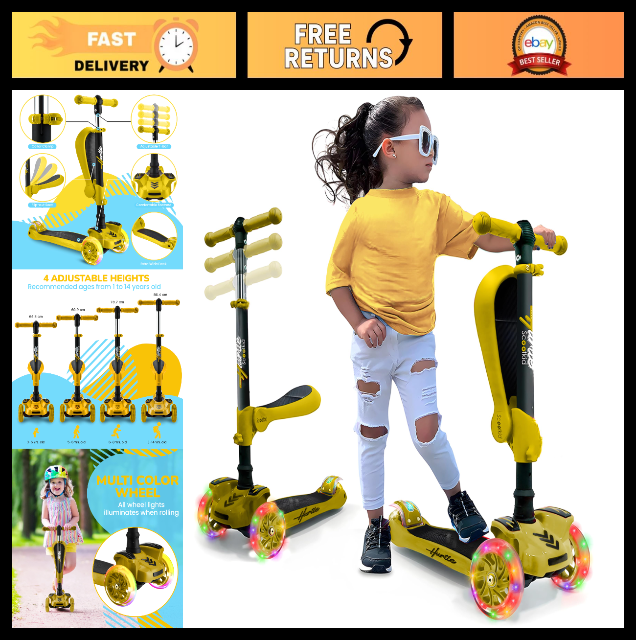 3-Wheeled Kids Scooter with LED Lights, Adjustable Handlebar, Foldable Seat - Si0