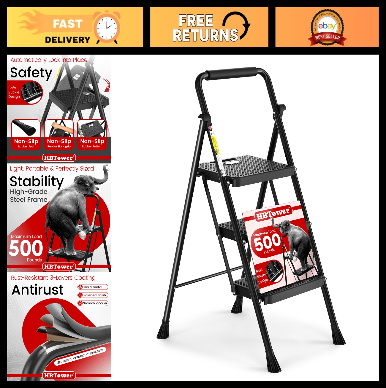 Folding Step Ladder with Anti Slip Pedal, Sturdy Lightweight Steel Stool, Handra0
