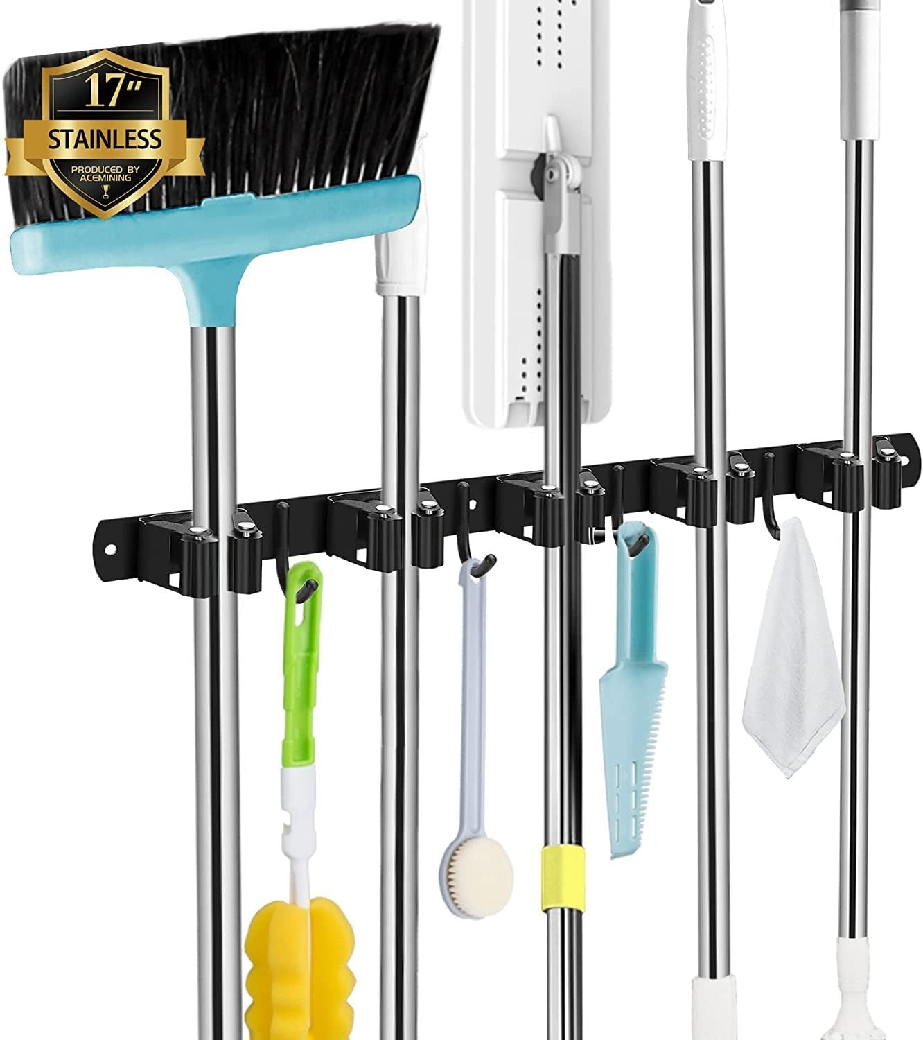 Wall Mount Broom Holder with 5 Racks & 4 Hooks - Mop & Broom Organizer Storage1