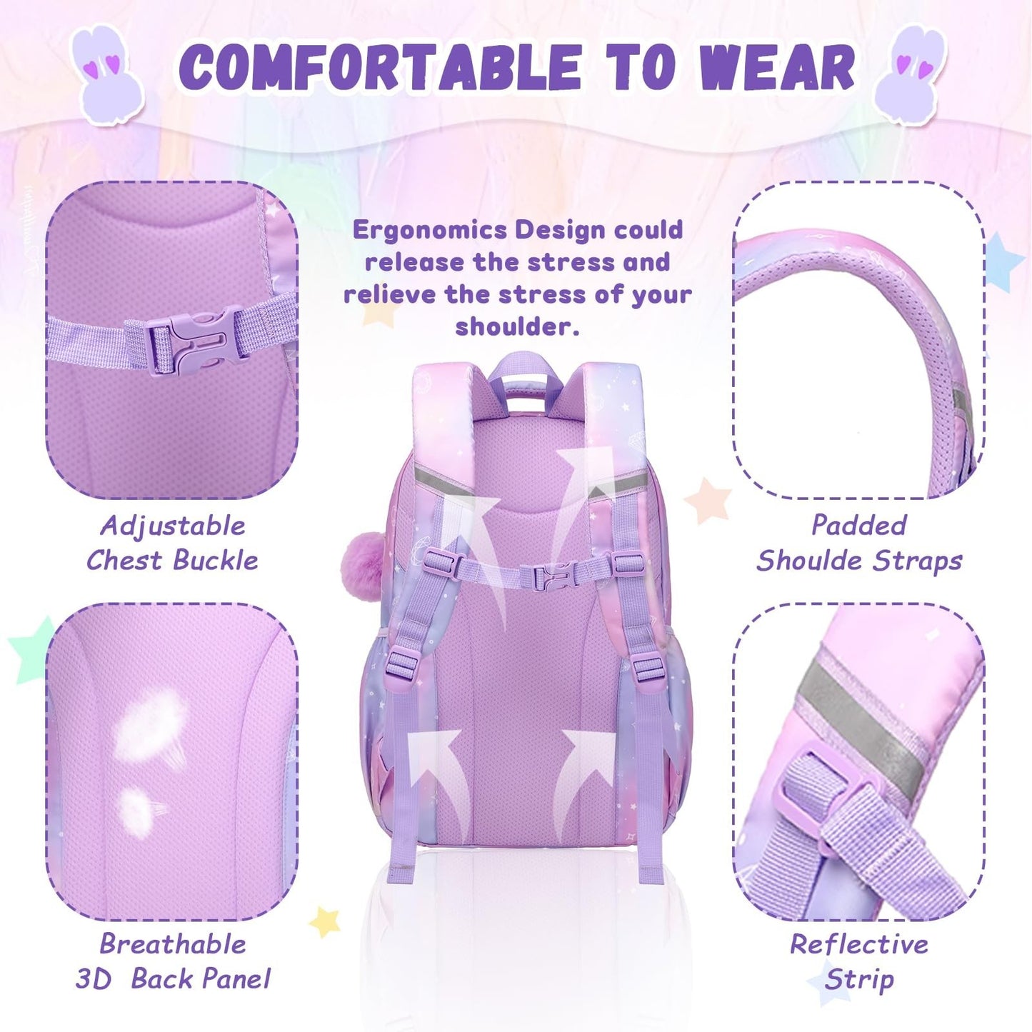 Kawaii Purple Kids Backpack - School Bag for Girls, Middle & Elementary Students6