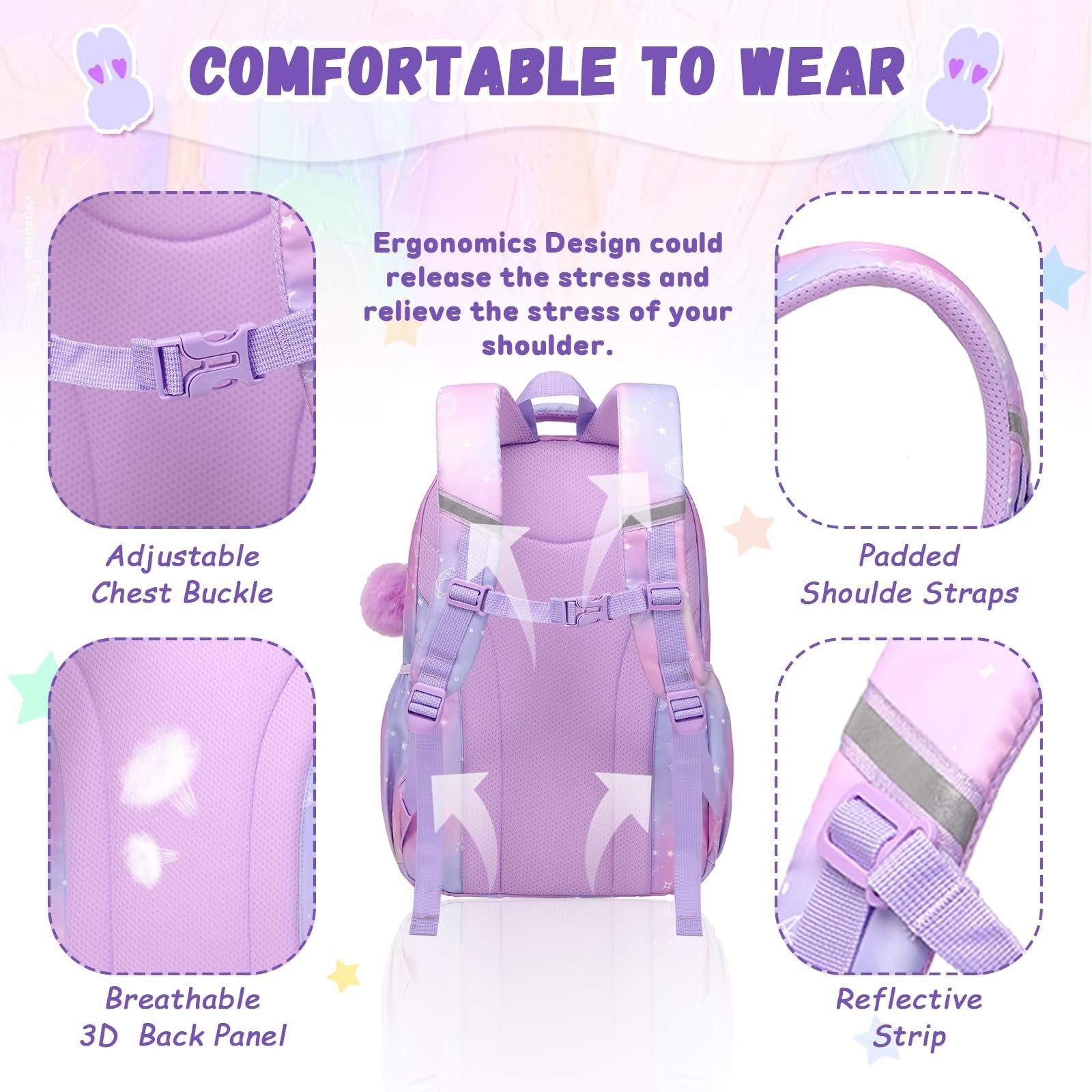 Kawaii Purple Kids Backpack - School Bag for Girls, Middle & Elementary Students6