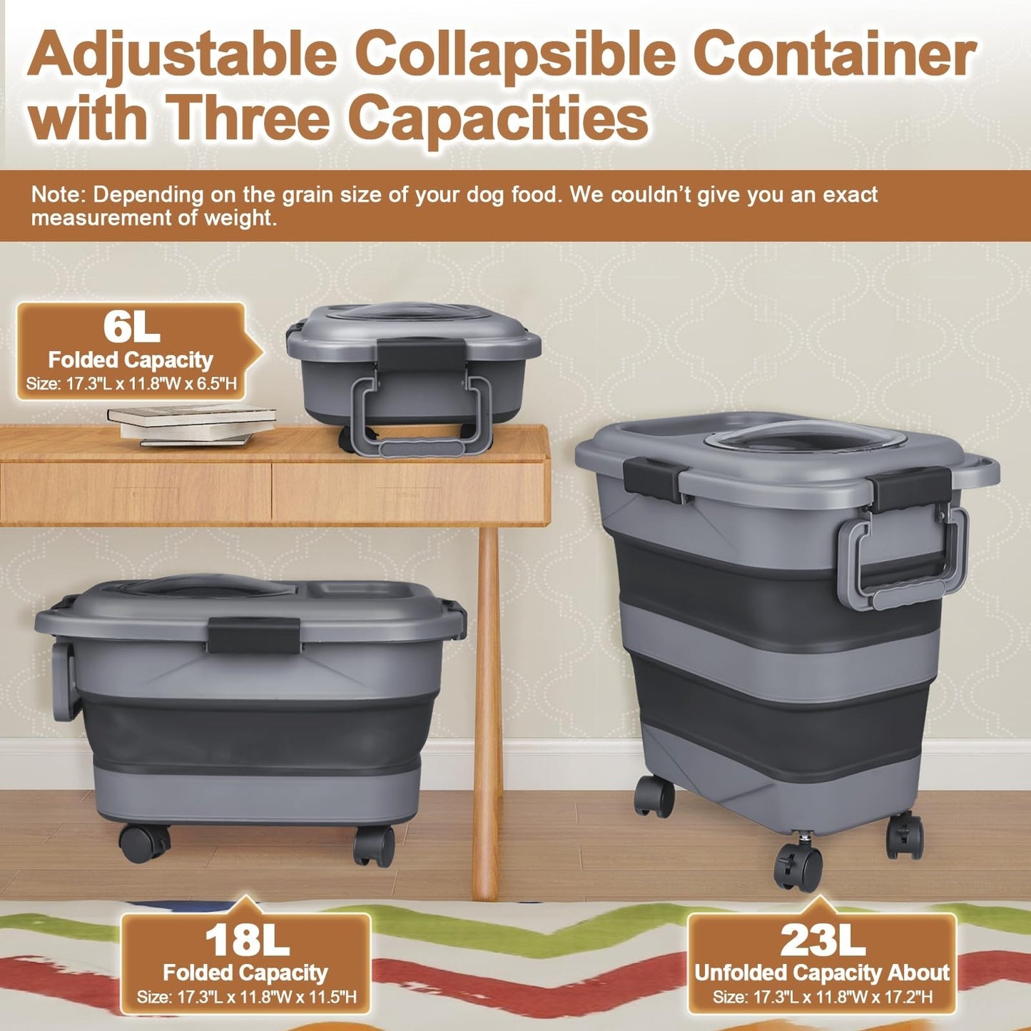 Airtight Dog & Cat Food Storage Container, 23 25 lbs, Collapsible with Wheels &2