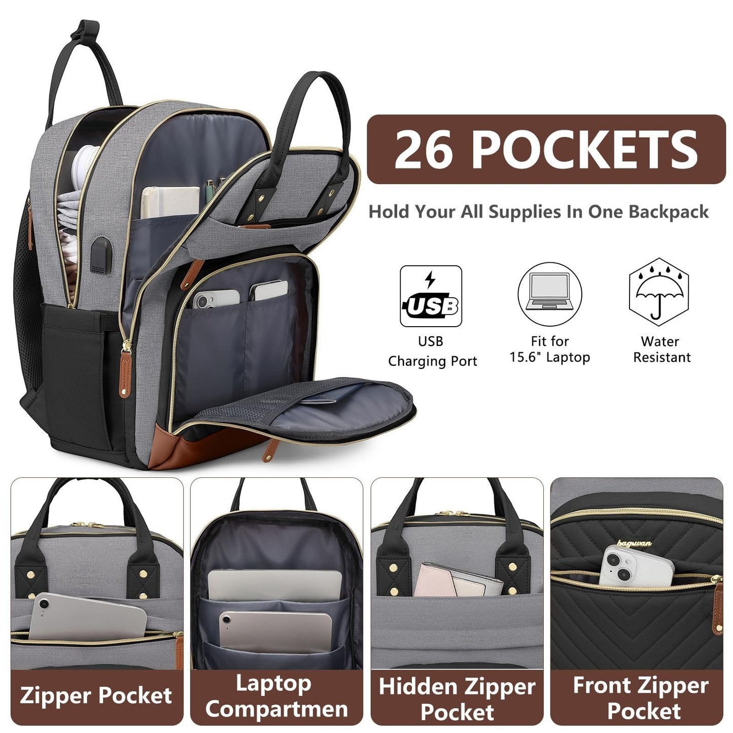 Stylish 15.6" Laptop Backpack for Women & Teens, USB Charger, Waterproof, Casual2
