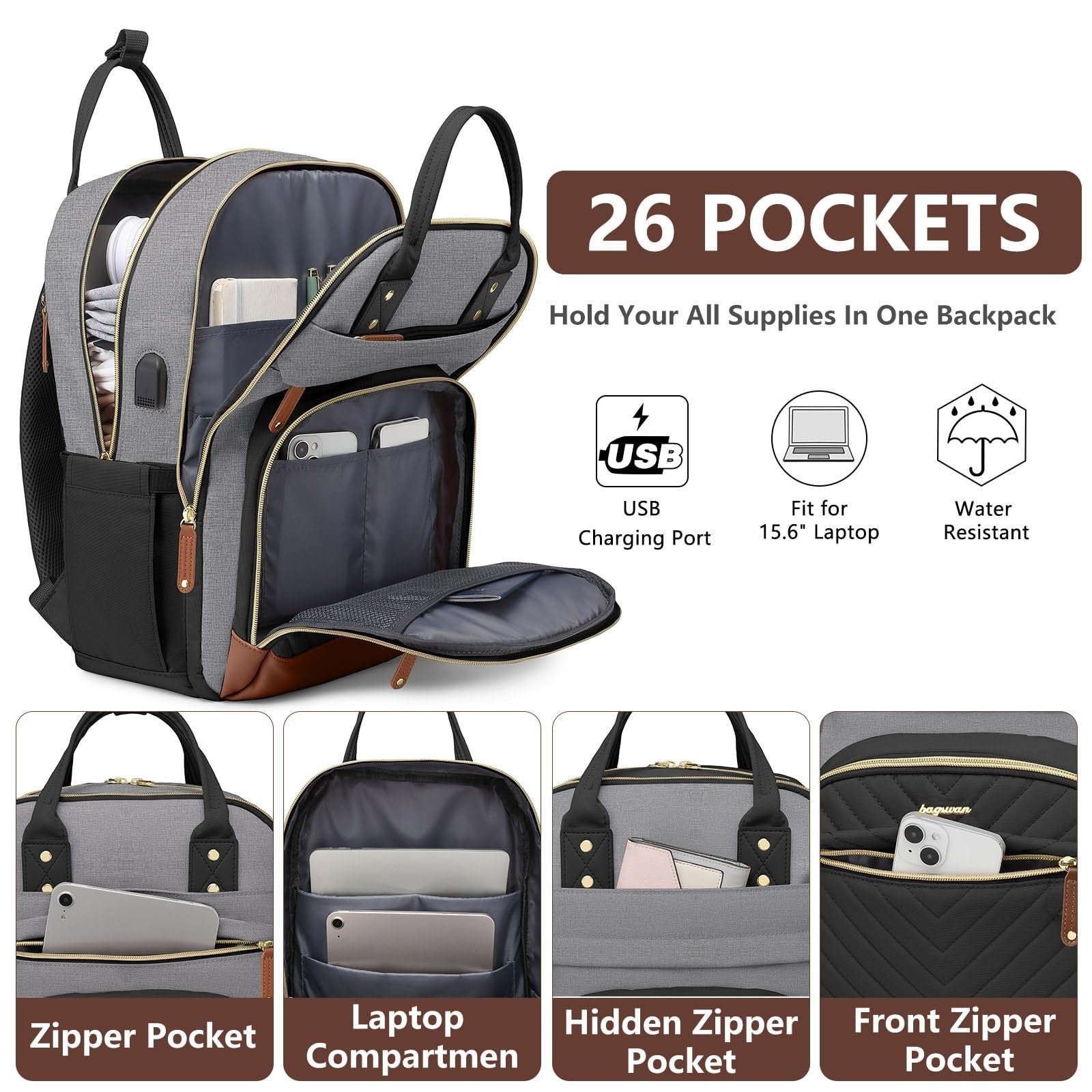 Stylish 15.6" Laptop Backpack for Women & Teens, USB Charger, Waterproof, Casual2