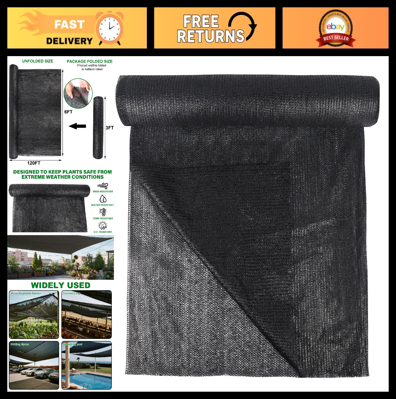6x120 FT Outdoor Shade Cloth - 50% Black Mesh Tarp, UV Resistant Fabric for Gard0