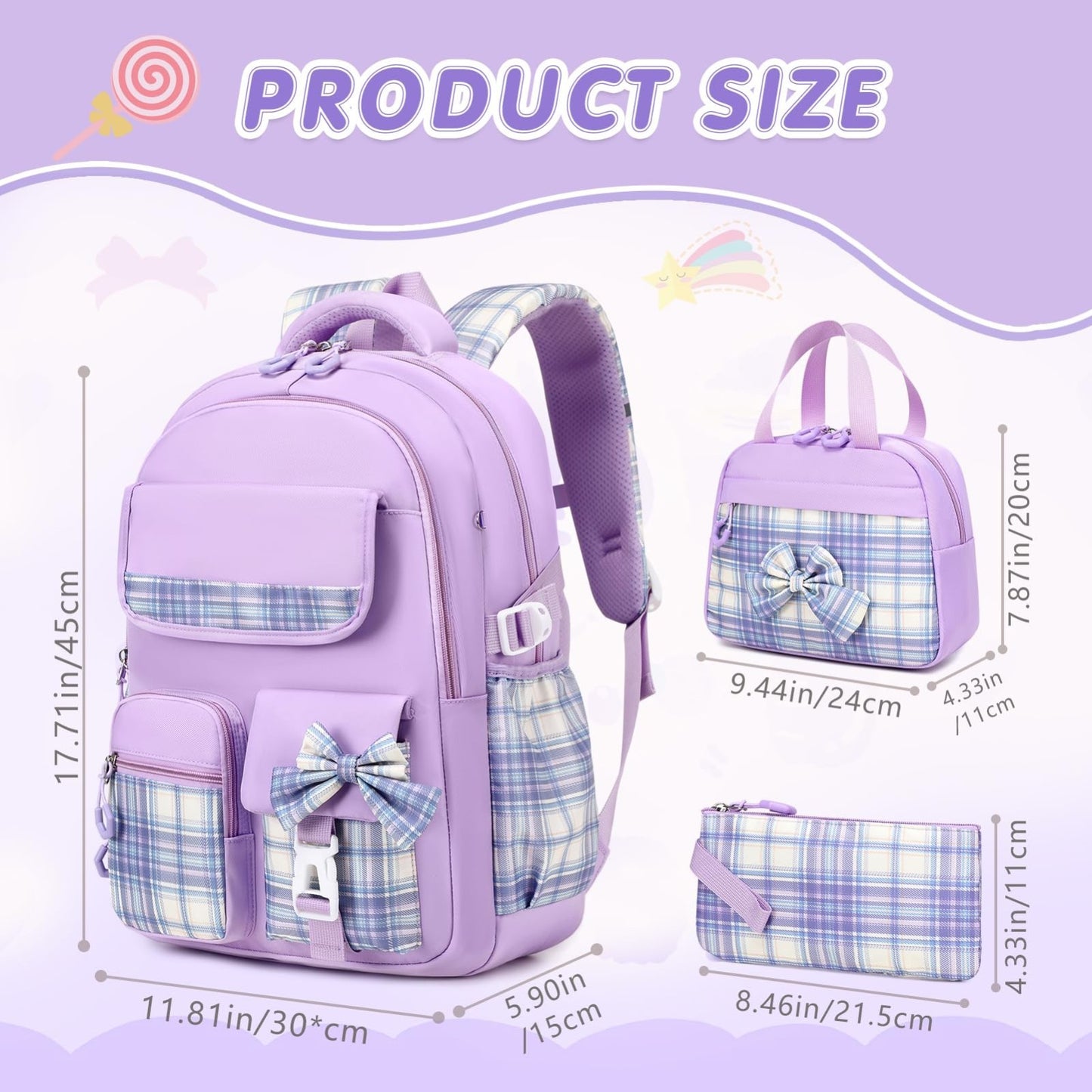 Stylish 3PCS School Backpack Set for Girls   17" Bow Plaid Bookbag & Accessories2