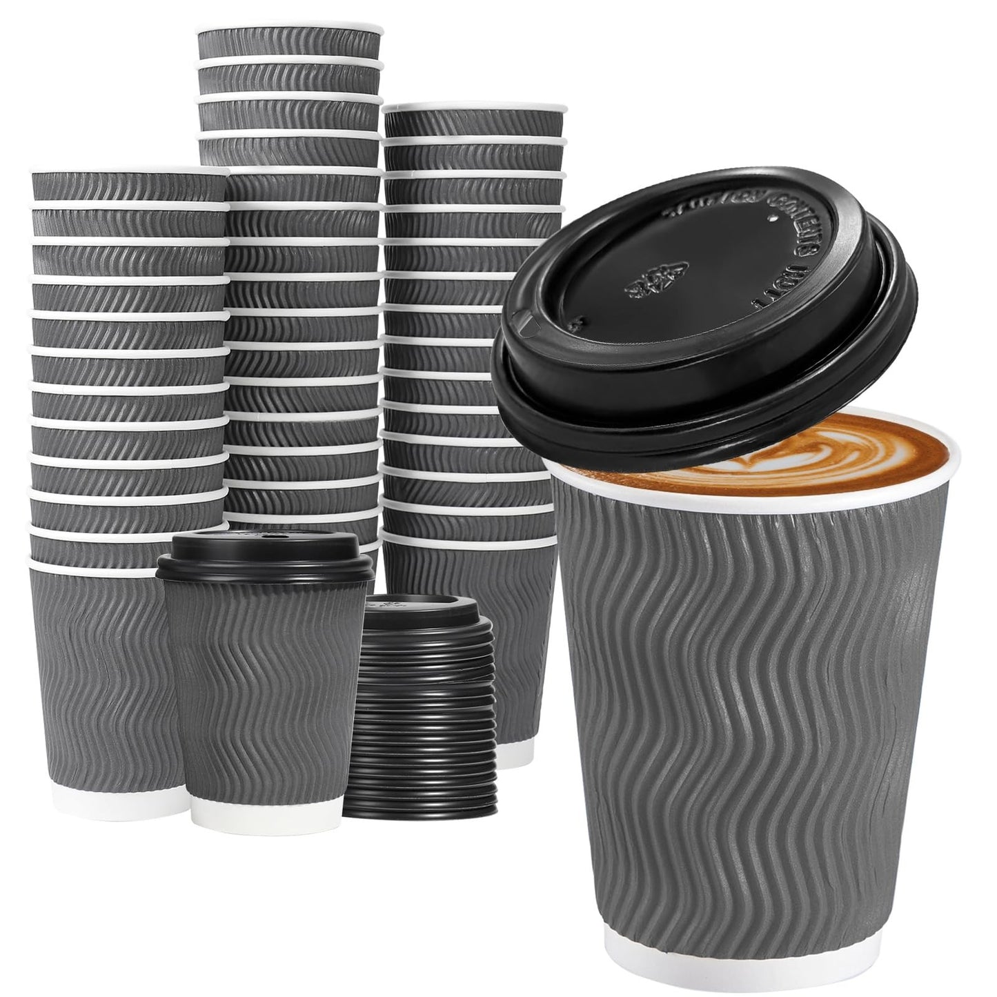 50 Pack 12 oz Insulated Disposable Coffee Cups with Lids for Hot Drinks, Travel1